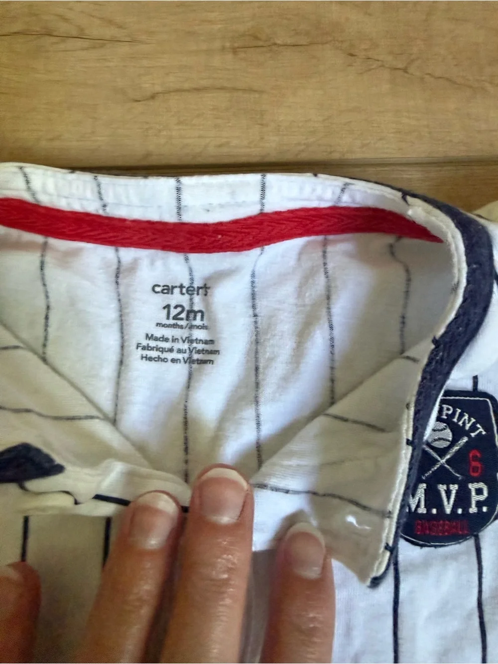 Carter's White Pinstripe Button-Front Baby Romper with Navy Trim